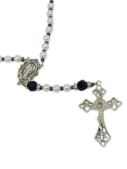 Jet Black Crystal and White Pearl Rosary 12"