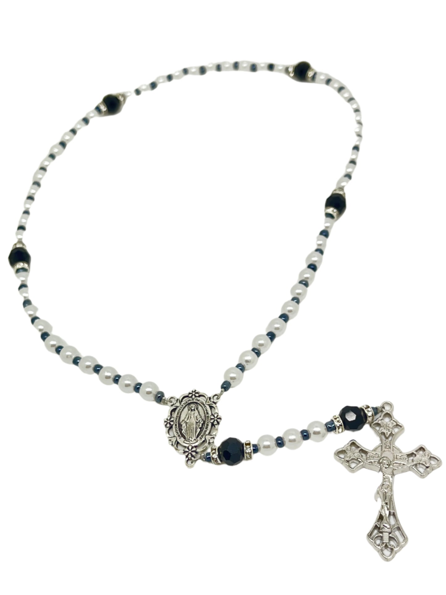 Jet Black Crystal and White Pearl Rosary 12"