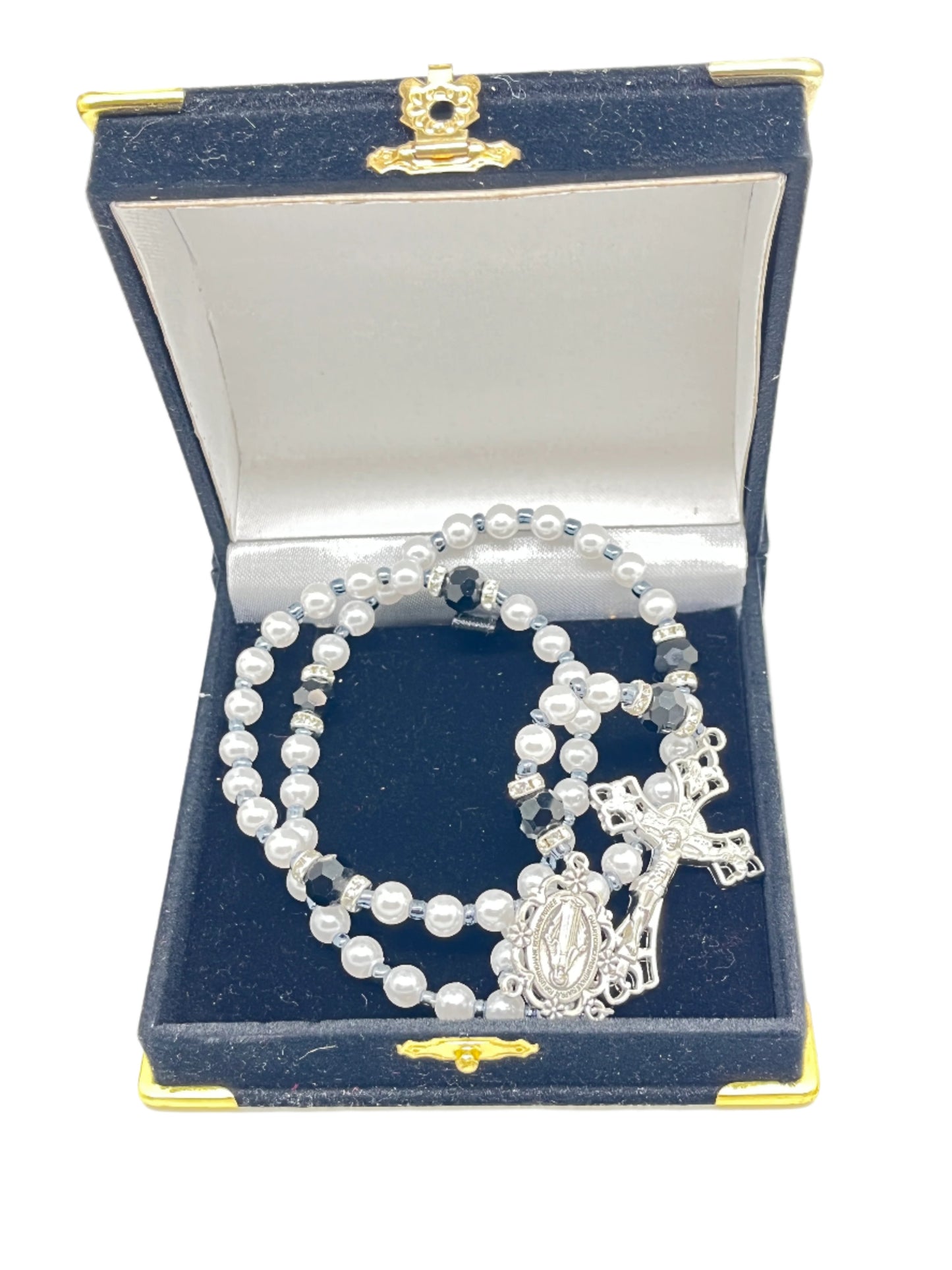 Jet Black Crystal and White Pearl Rosary 12"