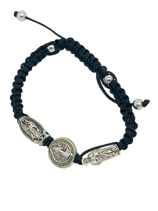 St. Benedict and Our Lady of Guadalupe and St. Jude Black Adjustable Rosary Bracelet