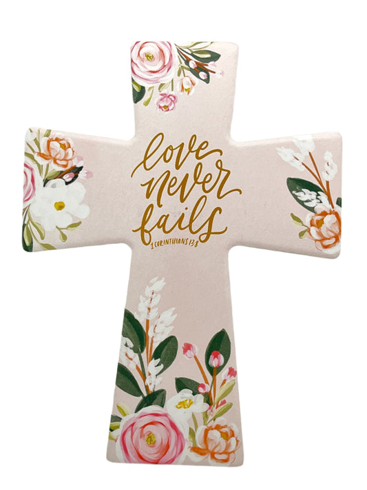 Love Never Fails Ceramic Wall or Easel Cross 7 3/4"