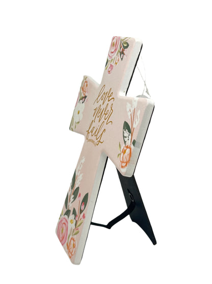 Love Never Fails Ceramic Wall or Easel Cross 7 3/4"