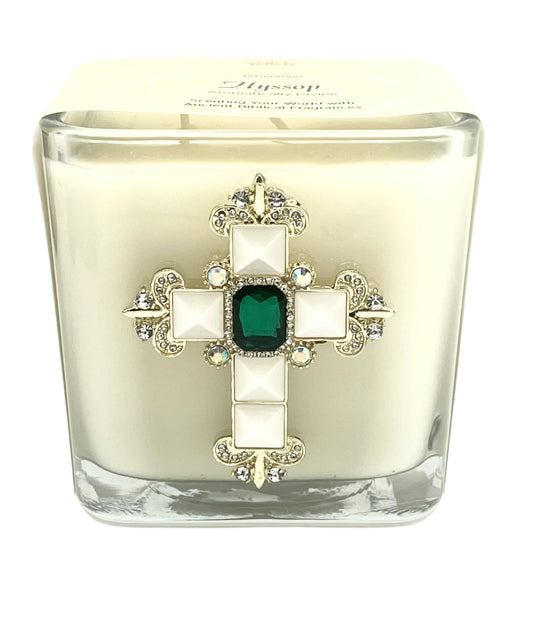 Hyssop Pearled Blue Jeweled Cross Candle  3 1/2"