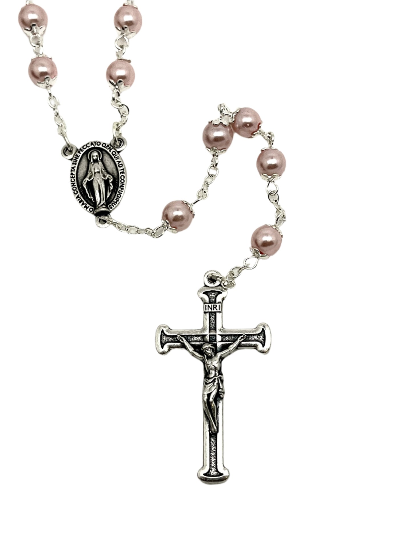 Pink Pearl Bead Miraculous Medal Rosary (21")