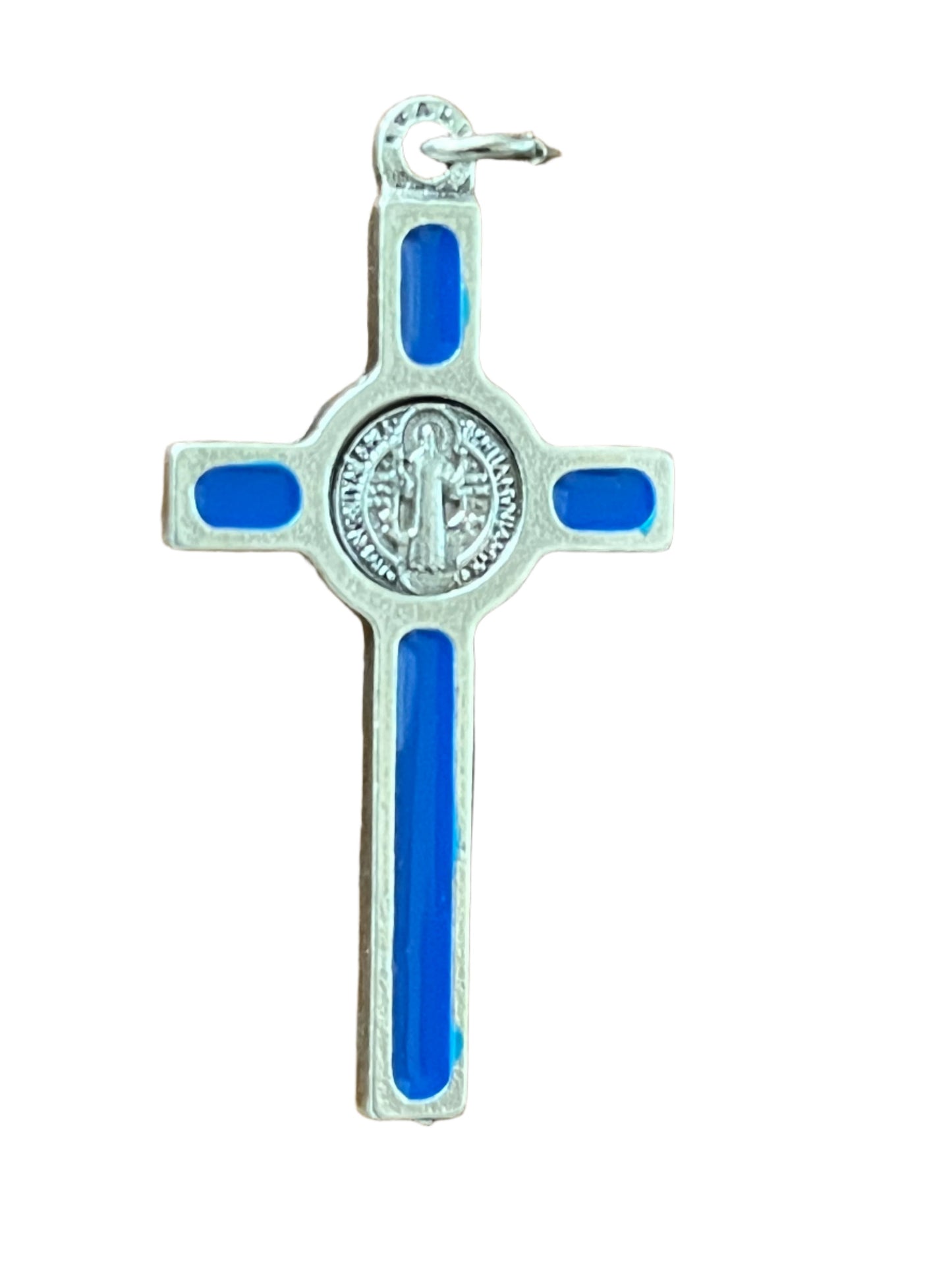 Saint Benedict Silver Tone and Blue Enamel Crucifix medal 1 1/2"