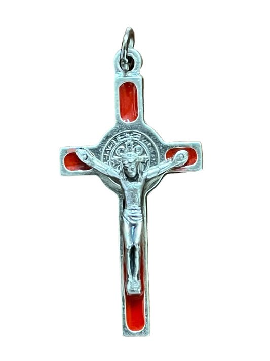 Saint Benedict Silver Tone and Red Enamel Crucifix medal 1 1/2"