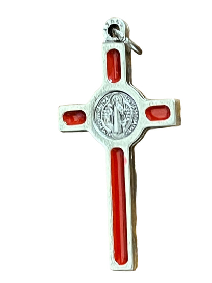 Saint Benedict Silver Tone and Red Enamel Crucifix medal 1 1/2"