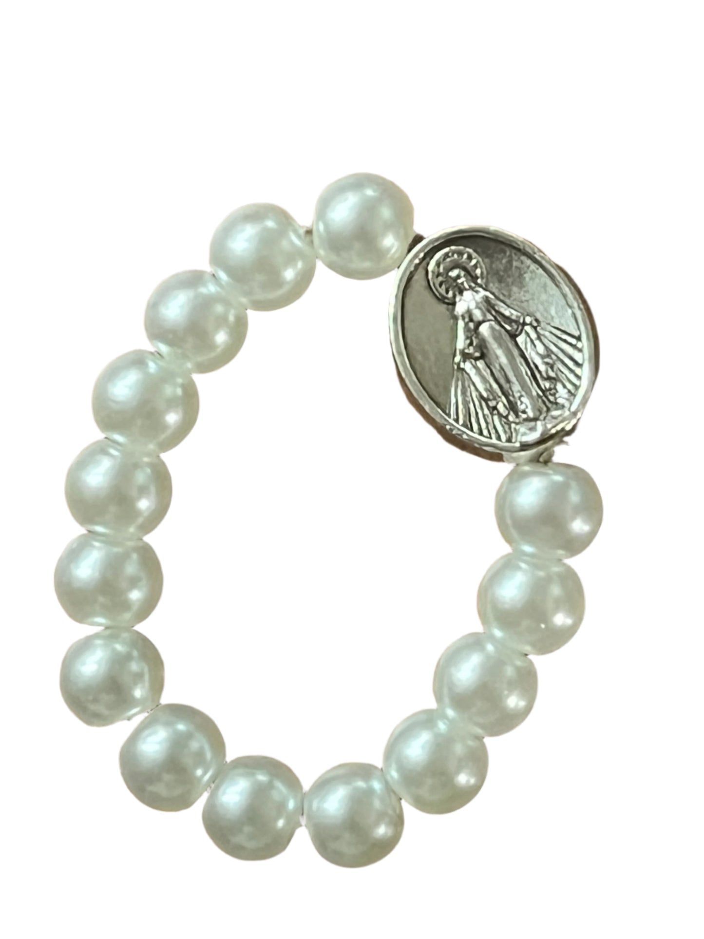 White and Silver Miraculous Medal Stretch Ring