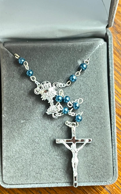 Silver-tone Blue Glass Bead Communion Boxed Rosary