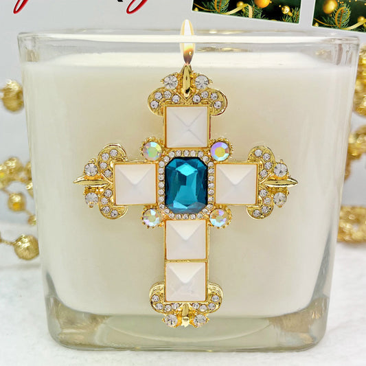 Kings Garments Blue Pearled Jeweled Cross Candle  3 1/2"