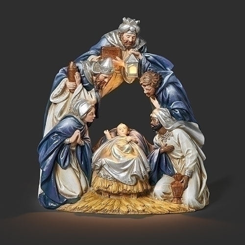 Lighted Blue ands Gold Arched Nativity 9" - Unique Catholic Gifts