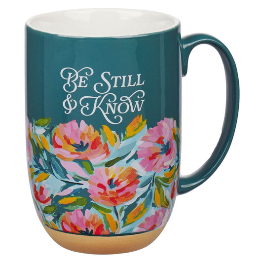 Be Still Teal Watercolor Floral Exposed Clay Base Ceramic Mug - Psalm 46:10