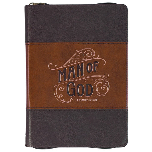 Man of God Honey-brown and Espresso Faux Leather Journal with Zipper Closure - 1 Timothy 6:11