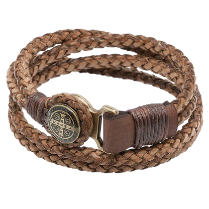 Men's St. Benedict Leather Cord Bracelet - Unique Catholic Gifts