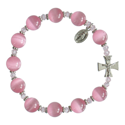 Genuine Pink Cats Eye Rosary Bracelet (10 mm) - Unique Catholic Gifts