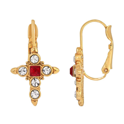 Siam Red Stone and Crystal Cross Teardrop Earrings