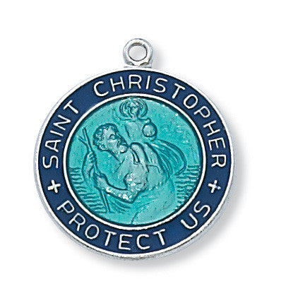 Blue Enamel over Sterling Silver Saint Christopher Round Medal - Unique Catholic Gifts