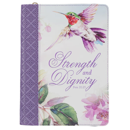 Strength and Dignity Hummingbird Faux Leather Journal with Zipper - Unique Catholic Gifts