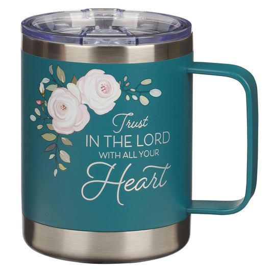 Trust in the Lord Teal Floral Camp-Style Stainless Steel Travel Mug - Proverbs 3:5 - Unique Catholic Gifts