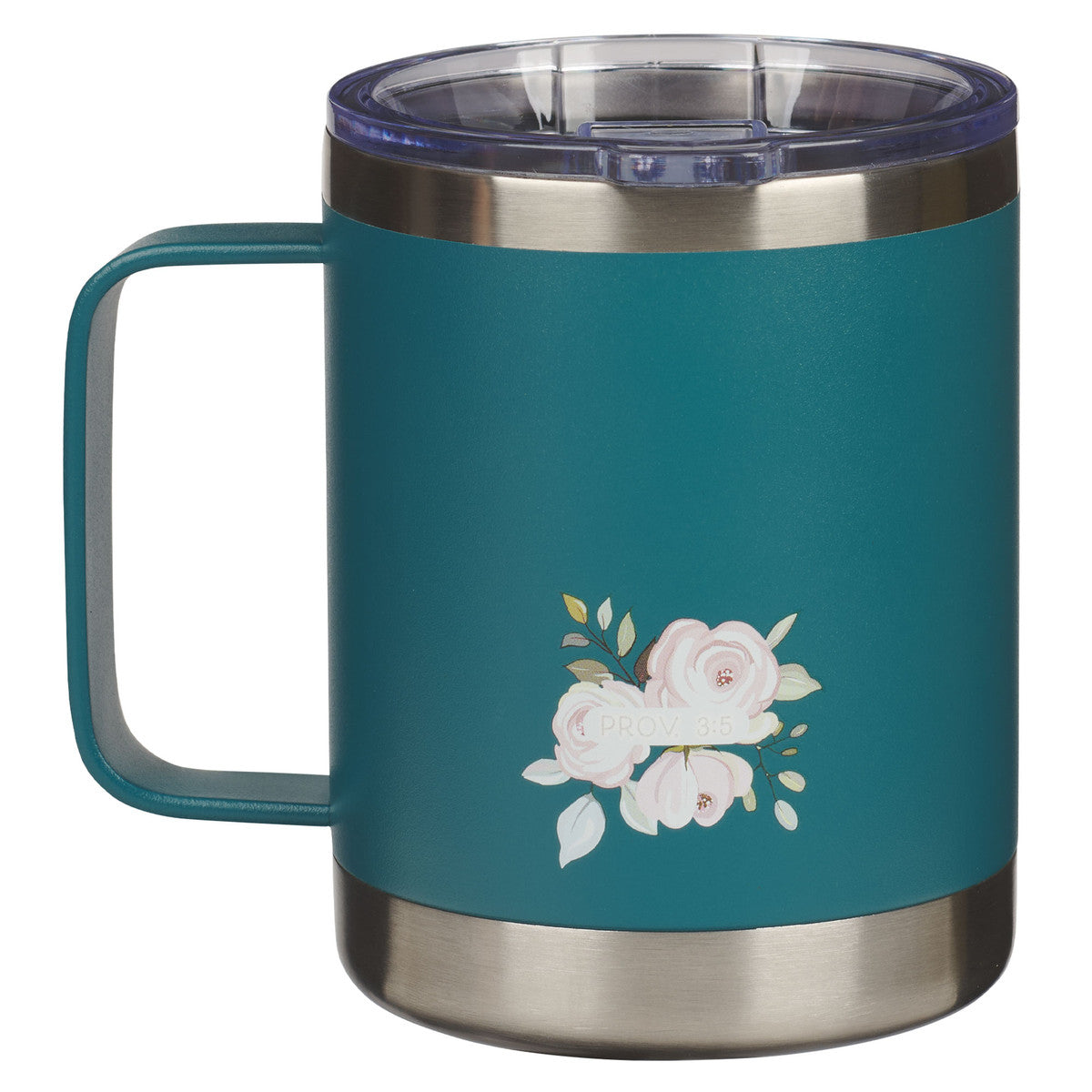 Trust in the Lord Teal Floral Camp-Style Stainless Steel Travel Mug - Proverbs 3:5 - Unique Catholic Gifts