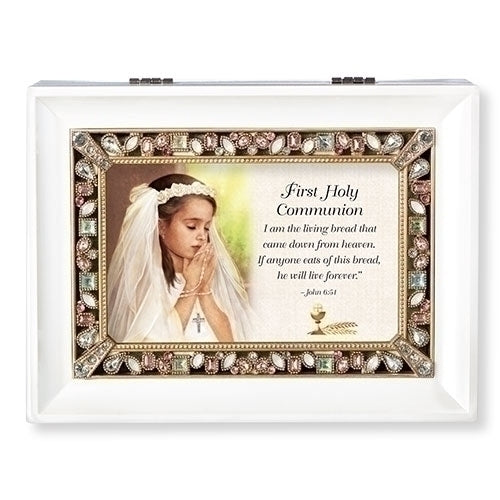 White Wood Musical First Communion Keepsake Box  - Clair De Lune