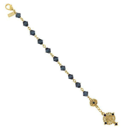 14K Gold-Dipped Blue Bead Windows to Heaven Rosary Crucifix Bracelet - Blue