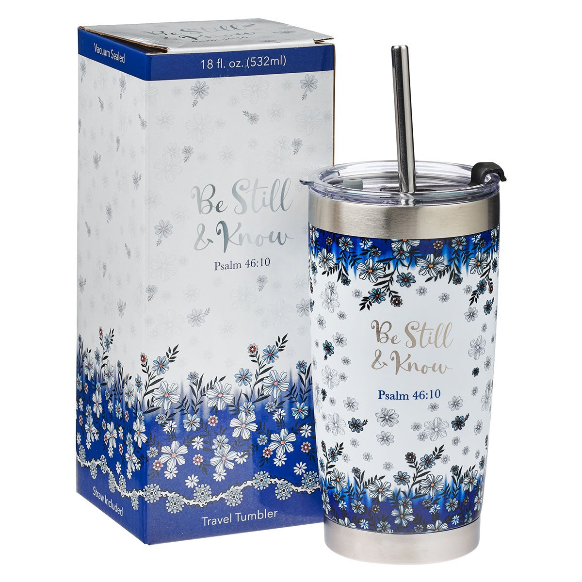 Be Still & Know Stainless Steel Travel Floral Mug with Stainless Steel Straw - Psalm 46:10 - Unique Catholic Gifts