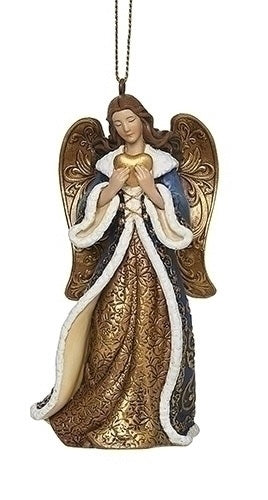 Blue and Gold Angel Holding a Heart Ornament 4" - Unique Catholic Gifts