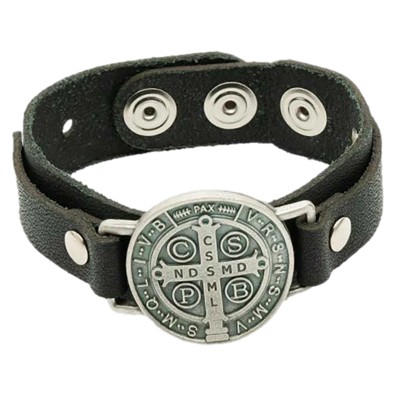 St. Benedict Black Leather Bracelet - Unique Catholic Gifts