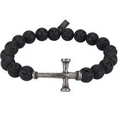 Black Lava Rock Men's Nail Cross Stretch Bracelet