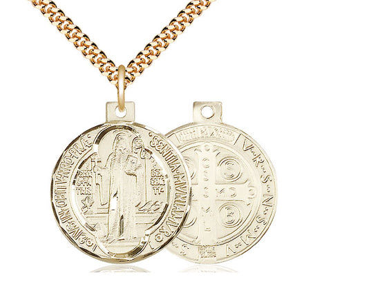 14kt Gold Filled St Benedict Pendant on a 24 inch Gold Plate Heavy Curb Chain 3/4" - Unique Catholic Gifts