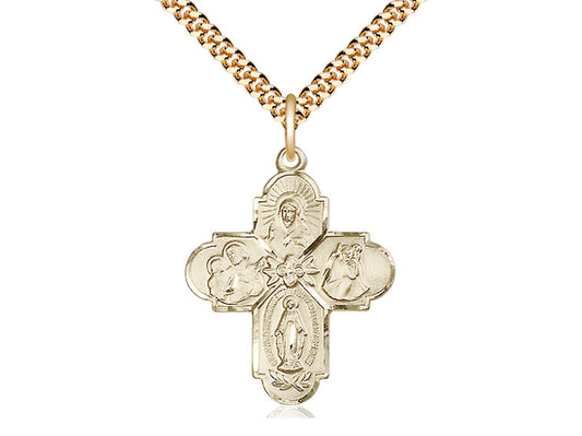 14kt Gold Filled 4-Way Pendant on a 24 inch Gold Plate Heavy Curb Chain. - Unique Catholic Gifts