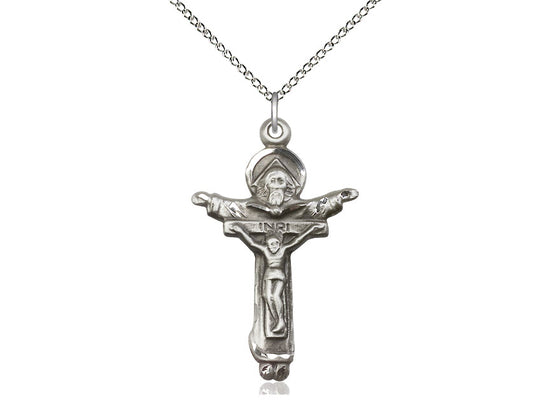 Sterling Silver Trinity Crucifix Pendant on a 18 inch Sterling Silver Light Curb Chain - Unique Catholic Gifts