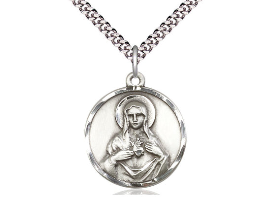 Sterling Silver Immaculate Heart of Mary Pendant on a 24 inch Light Rhodium Heavy Curb Chain. - Unique Catholic Gifts