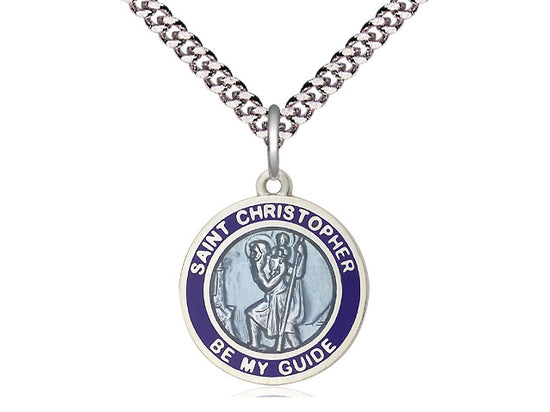 St. Christopher Round Blue Border Medal (3/4") with 24" chain - Unique Catholic Gifts