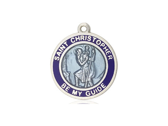 St. Christopher Round Blue Border Medal (3/4") with 24" chain - Unique Catholic Gifts