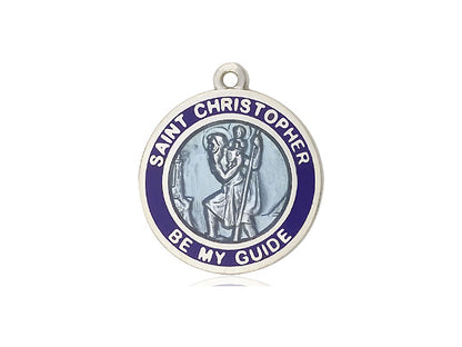 St. Christopher Round Blue Border Medal (3/4") with 24" chain - Unique Catholic Gifts