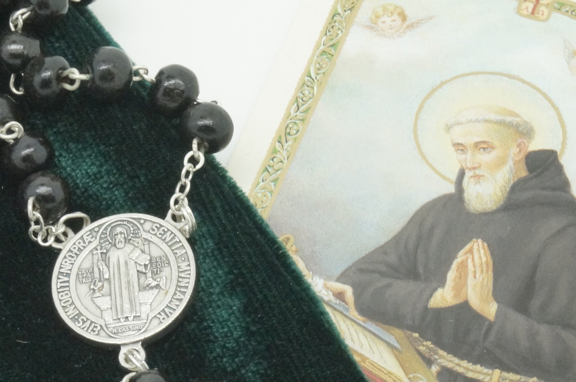 Saint Benedict Black Rosary,bag and prayer - Unique Catholic Gifts