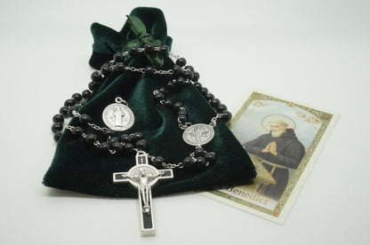 Saint Benedict Black Rosary,bag and prayer - Unique Catholic Gifts