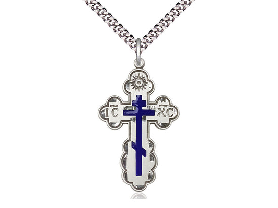 Sterling Silver St. Olga Cross Medal on a Light Rhodium Heavy Curb Chain - Unique Catholic Gifts