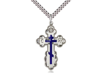 Sterling Silver St. Olga Cross Medal on a Light Rhodium Heavy Curb Chain - Unique Catholic Gifts