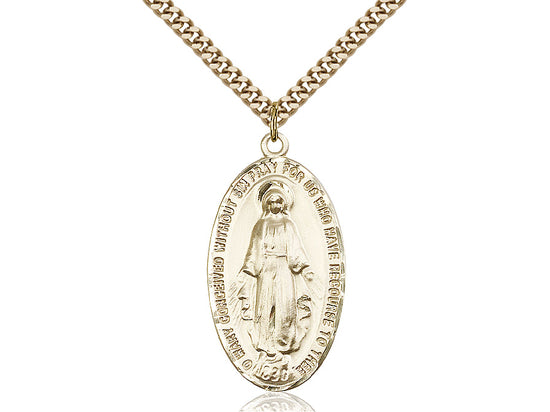 14kt Gold Filled Miraculous Pendant on a 24 inch Gold Plate Heavy Curb Chain. - Unique Catholic Gifts