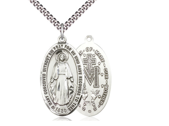 Sterling Silver Miraculous Pendant on a 24 inch Light Rhodium Heavy Curb Chain. - Unique Catholic Gifts