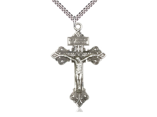 Sterling Silver Crucifix Pendant on a 24 inch Light Rhodium Heavy Curb Chain. - Unique Catholic Gifts