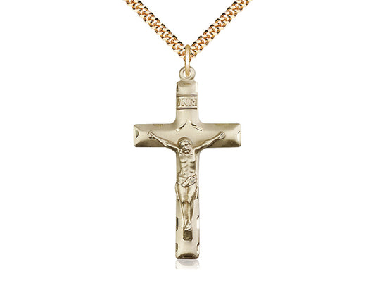 14kt Gold Filled Crucifix Pendant on a 24 inch Gold Plate Heavy Curb Chain. - Unique Catholic Gifts