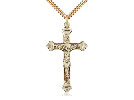 14kt Gold Filled Crucifix Pendant on a 24 inch Gold Plate Heavy Curb Chain. - Unique Catholic Gifts