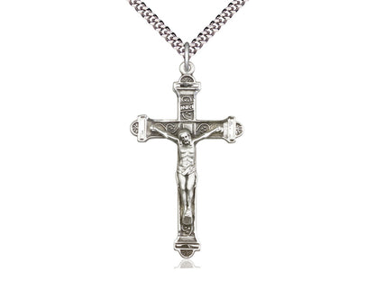 Sterling Silver Crucifix Pendant on a 24 inch Light Rhodium Heavy Curb Chain. - Unique Catholic Gifts