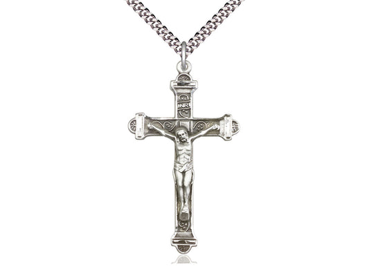 Sterling Silver Crucifix Pendant on a 24 inch Light Rhodium Heavy Curb Chain. - Unique Catholic Gifts