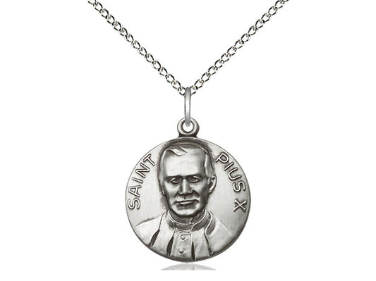 Sterling Silver Pope Pius X Pendant on a 18 inch Sterling Silver Light Curb Chain. - Unique Catholic Gifts