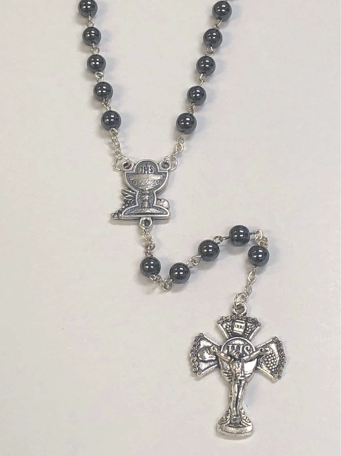 First Communion Black Hematite Rosary With Silver Toned Chalice Center - Unique Catholic Gifts